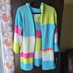 Colorful Striped Women's Open Front Cardigan With Hood